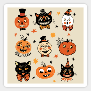 Vintage Halloween Folk Art Retro Pumpkins and Cats Magnet